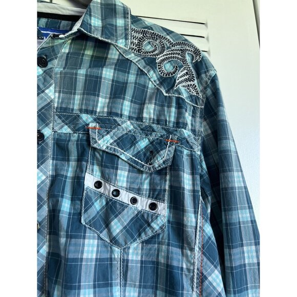 Austin Season Men's Medium Western Plaid Shirt With Embroidered Design Cowboy - Picture 4 of 7